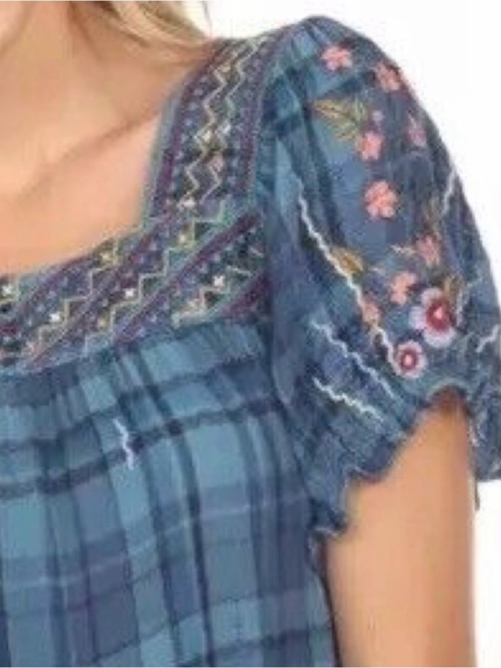 Johnny Was Aimee Blue Plaid Floral Embroidered Short Puff Sleeve Peasant Top S - Picture 5 of 12